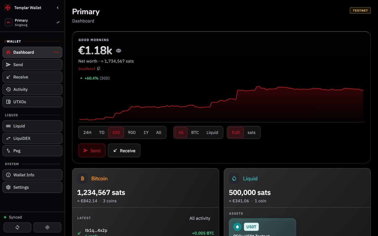 The dashboard: net worth, chart and the Bitcoin and Liquid cards