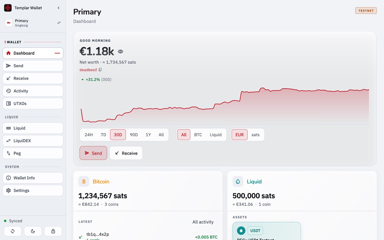 Templar Wallet: the balance, the last 30 days and the two networks (light theme)