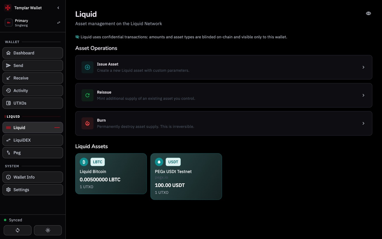 The Liquid screen of Templar Wallet: at the top the Issue Asset, Reissue and Burn operations, below them two test assets, L-BTC and USDt.