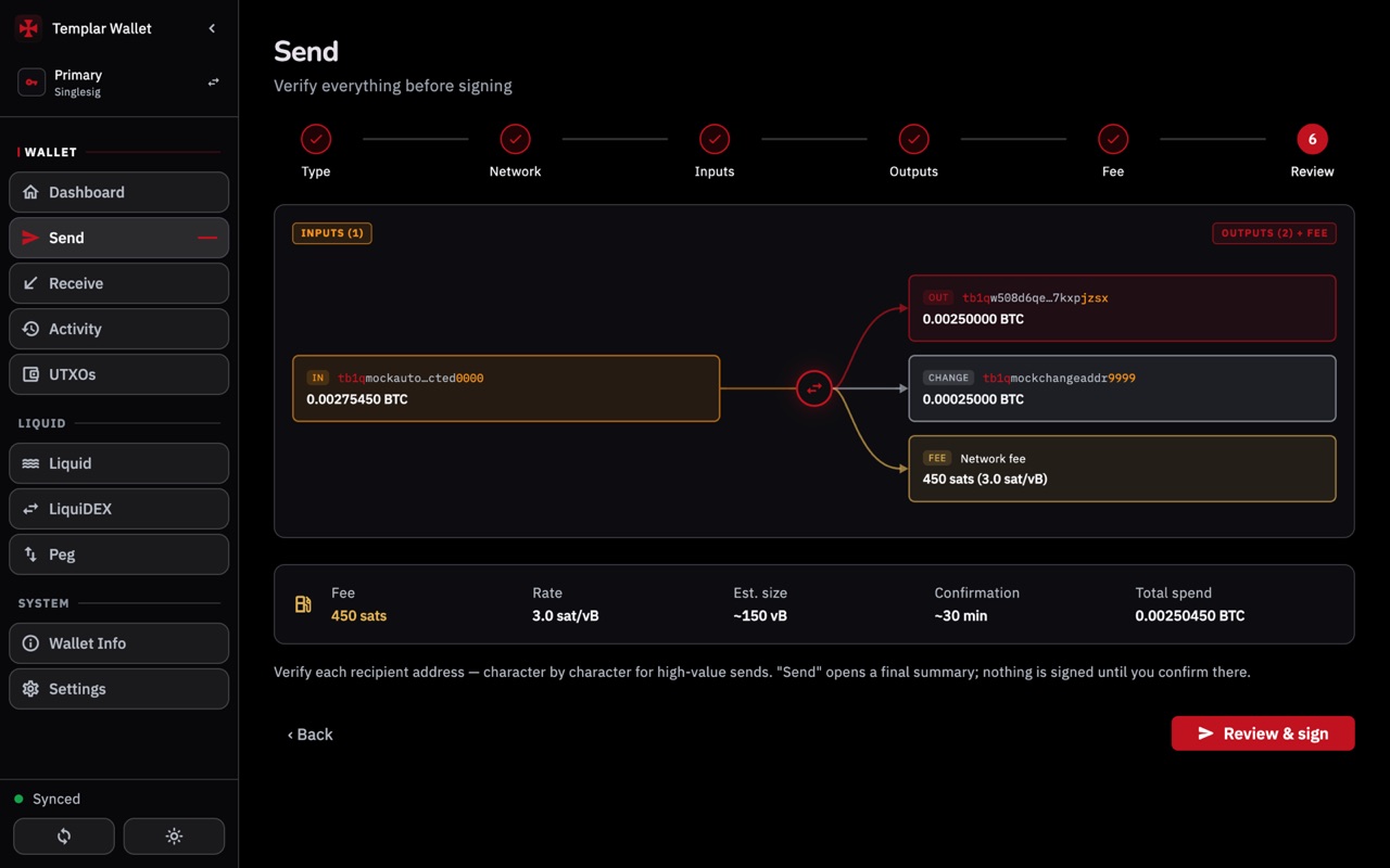 The Review step of Send: on the left the coin being spent, on the right the recipient, the change marked CHANGE and the network fee; below them fee, rate, size, estimated time, total spent and the Review & sign button.