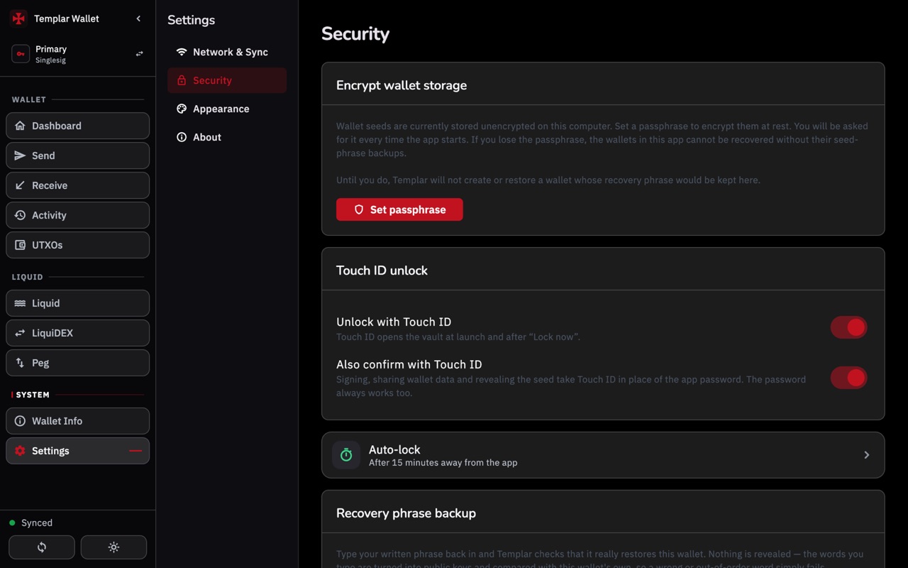Settings, the Security section on a computer: Encrypt wallet storage with the Set passphrase button, Touch ID unlock, Auto-lock, Recovery phrase backup