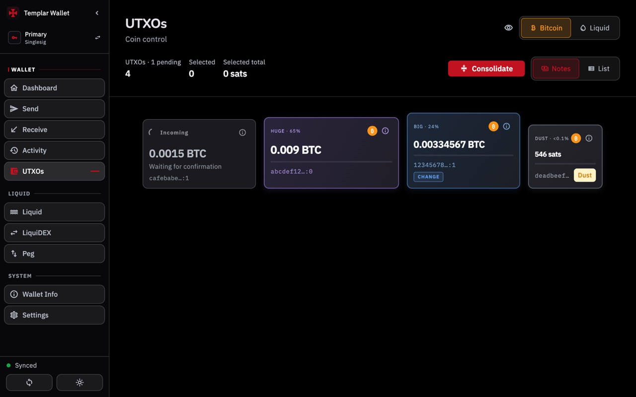 The UTXOs screen: four coins as tiles, a grey Incoming one waiting for confirmation, then HUGE, BIG and DUST; at the top the count, the selected total, Consolidate and the Notes and List views.