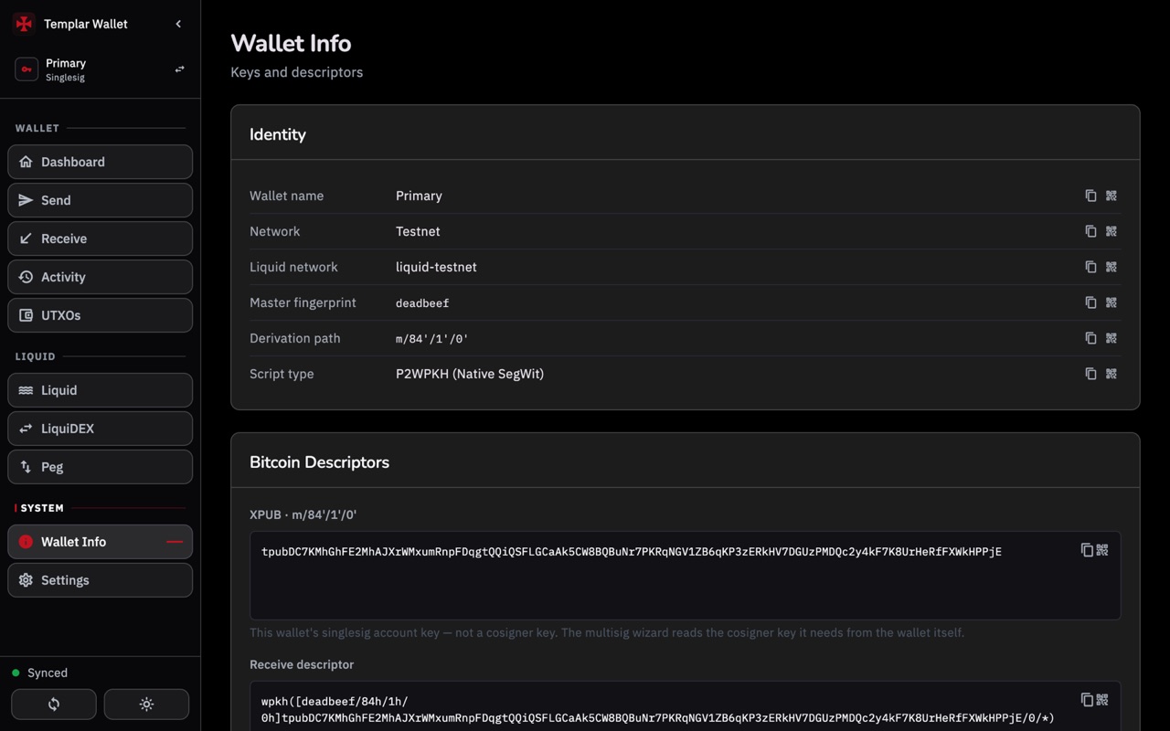 Wallet info: keys and descriptors