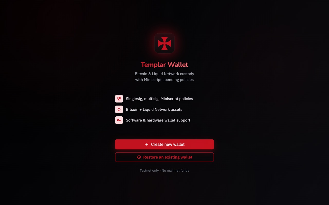 The Templar Wallet welcome screen, with the Create new wallet and Restore an existing wallet buttons